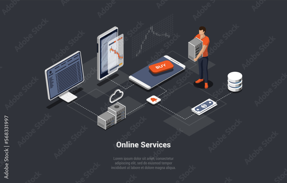 Online Services For Buy And Sell Digital Currency. Man Analyse Market And Trade With Futures On Stock Market. Investment in Modern Technology Using Current Service. Isometric 3d Vector Illustration