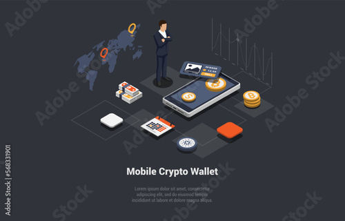Male Character Buy Cryptocurrency And Hold It On Custodial And Non-Custodial Crypto Wallet. Boy Use Mobile Hardware And Software Wallet To Pay Bitcoin And Altcoins. Isometric 3D Vector Illustration