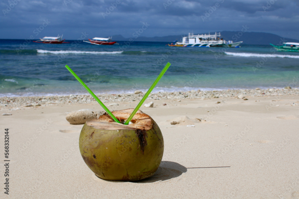 Coconut cocktail with two straws on a sandy beach. Coconut drink on the beach. Coconut cocktail with two straws on a sandy beach. Coconut drink on the beach.