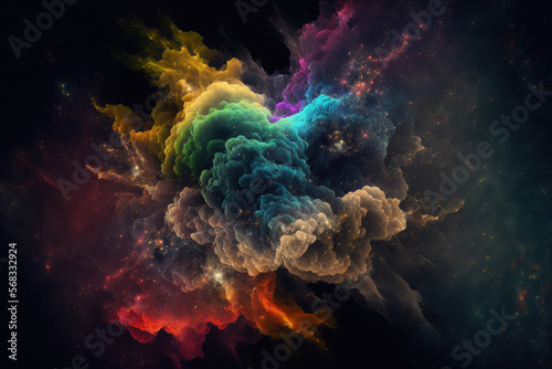 On a dark background, colorful fractal nebula dust is seen. Generative AI