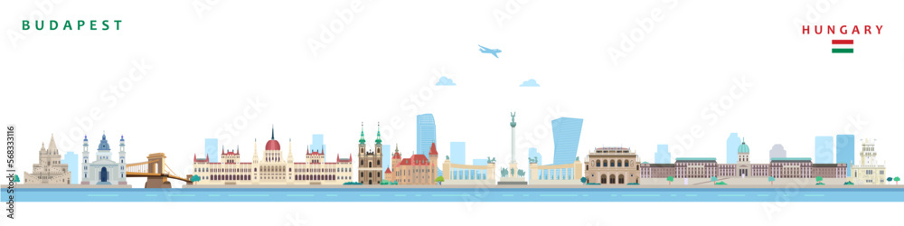 Budapest city historical landmarks. Horizontal isolated vector illustration on the theme of Hungary travel and tourism.	