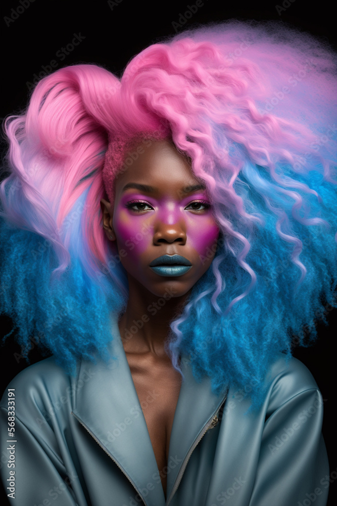 Black woman with huge pink and blue hair. Realistic AI art photography.