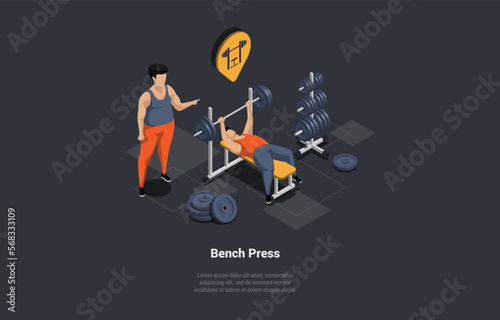 Cancept Of Sports Activity And Physical Exercises. Characters On Apparatus With Barbell Training Use Bench Press. Fitness Workout With Barbells And Personal Coach. Isometric 3d Vector Illustration
