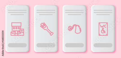 Set line Medical hospital building, Prosthesis leg, Hearing aid and Separated toilet for disabled. White rectangle button. Vector