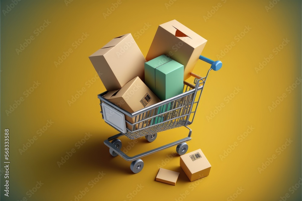 3d Vector style Shopping Trolley with Parcel boxes, Shopping Online generative ai  Concept.