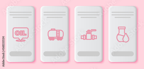Set line Word oil, Oil railway cistern, Metallic pipes and valve and petrol test tube. White rectangle button. Vector