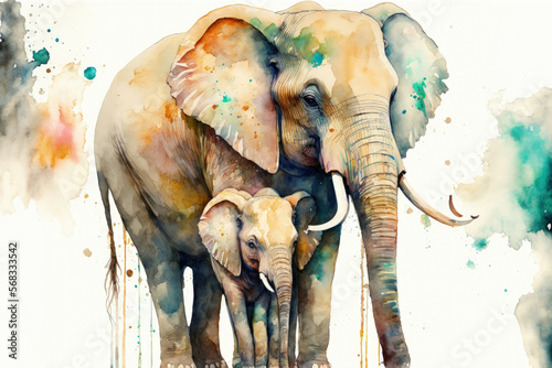 Elephant mother and child in watercolor. Generative AI