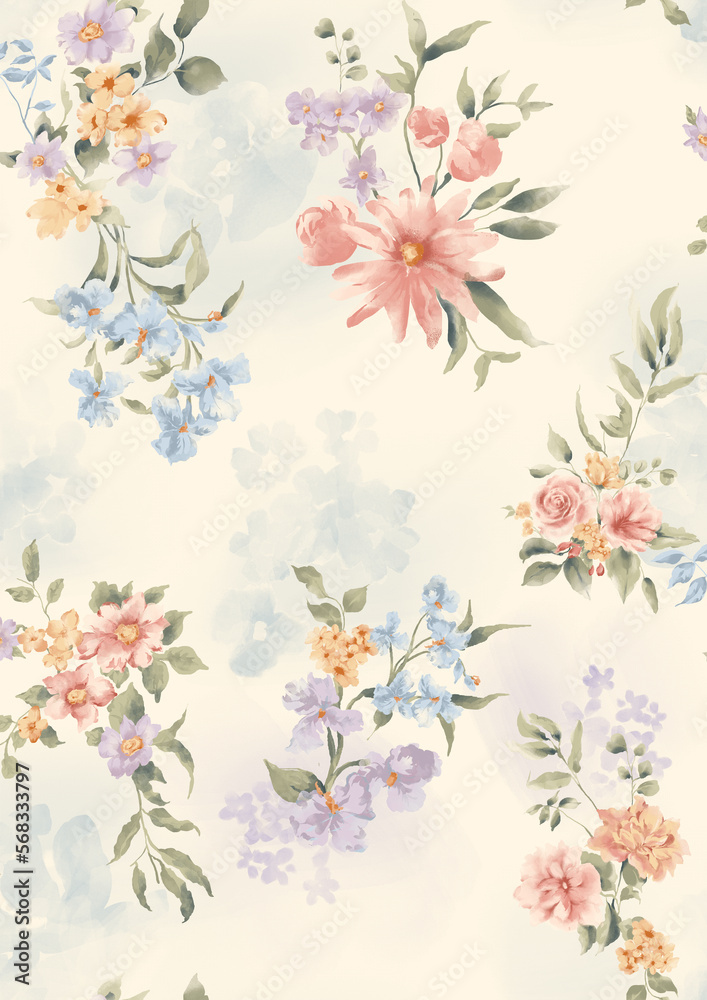 Watercolor hand painted floral pattern with spring flowers. can be used as wallpaper, fabric, fashion graphic.