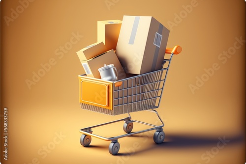 3d Vector style Shopping Trolley with Parcel boxes, Shopping Online generative ai Concept.