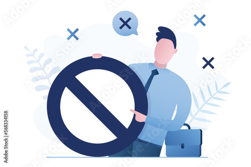 Businessman pointing on prohibition sign, stop, prohibited, block or do not sign. Politician gestured finger - no. Sanctions, restrictions concept. Business man closeup view.