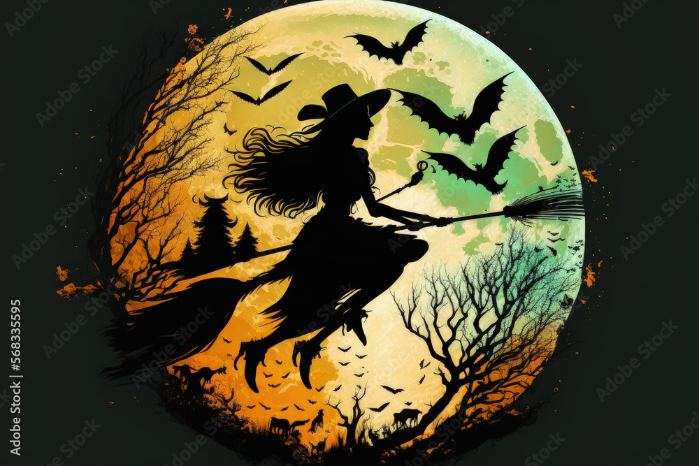 Halloween silhouette of a witch with a crow on a broomstick flying across a true to life full moon. Generative AI Halloween silhouette of a witch with a crow on a broomstick flying across a true to life full moon. Generative AI