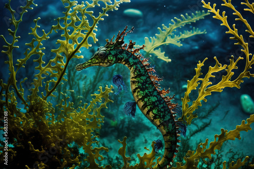 View of a swimming Leafy Sea Dragon on Kangaroo Island, Australia. Generative AI