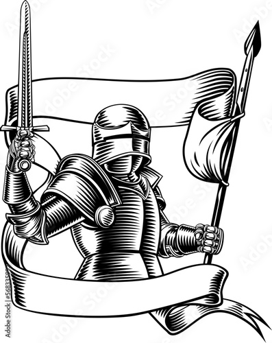 An original illustration of a medieval knight with banner battle flag or standard scroll ribbon. In a vintage engraved etching woodcut style.