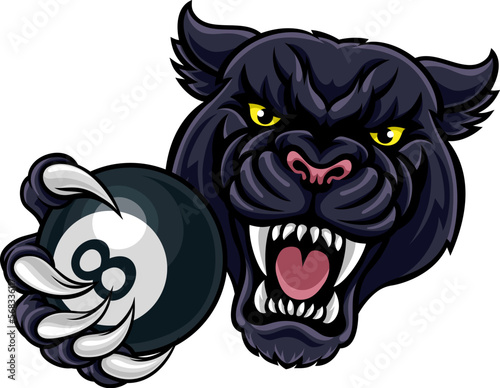 A panther angry mean pool billiards mascot cartoon character holding a black 8 ball.