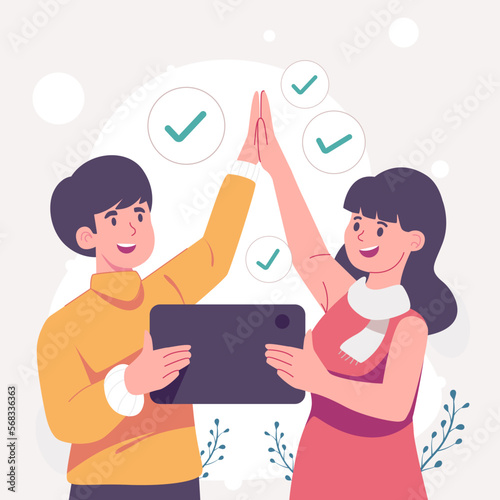 Business man and woman couple holding hands in completed checkbox, commitment, contract or agreement to deliver or complete work. Leadership skills or trust in job responsibilities Responsibility or p