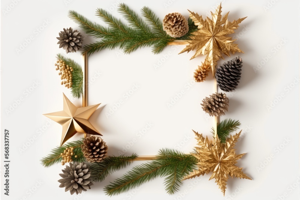Christmas frame made of fir branches, cones, gold stars and decorations. Christmas wallpaper. 2020 background isolated on white. Flat generative ai layout Christmas frame made of fir branches, cones, gold stars and decorations. Christmas wallpaper. 2020 background isolated on white. Flat generative ai layout