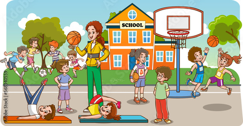 students and teacher in sports lesson cartoon vector