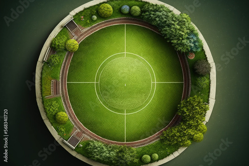 Grass stadium or circle arena for cricketer series  green lawn or ground for batsman  bowler  and cricket pitch top view. Outfield. Generative AI