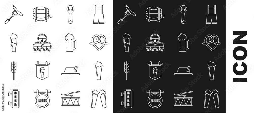 Set line Glass of beer, Pretzel, Bottle opener, Wooden barrel on rack with stopcock, Sausage the fork and icon. Vector Set line Glass of beer, Pretzel, Bottle opener, Wooden barrel on rack with stopcock, Sausage the fork and icon. Vector