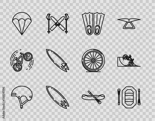 Set line Helmet, Rafting boat, Rubber flippers for swimming, Surfboard, Parachute, and Bicycle on street ramp icon. Vector