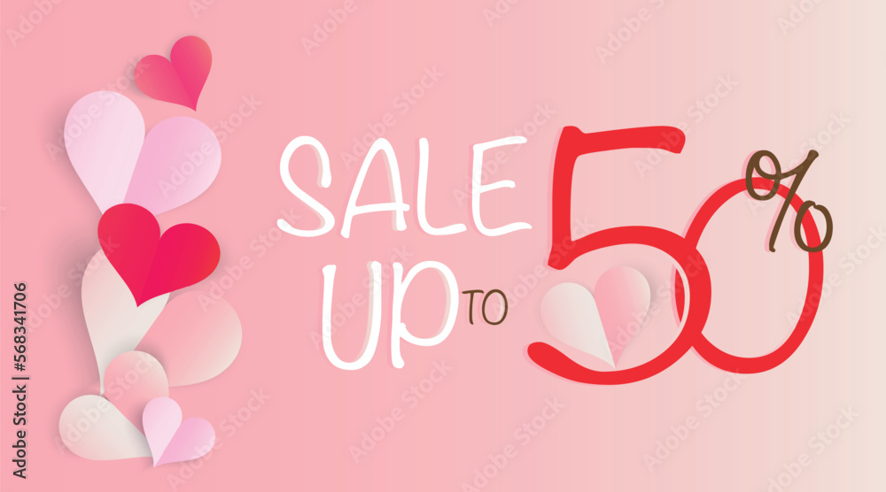 Valentine's day heart shape. Paper heart. Sale promotion banner. Up to 50% off vector banner.