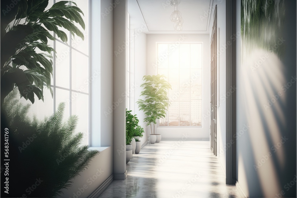 Obraz premium Contemporary light hallway interior with designer walls, panoramic windows, decorative plants, and city view generative ai render 