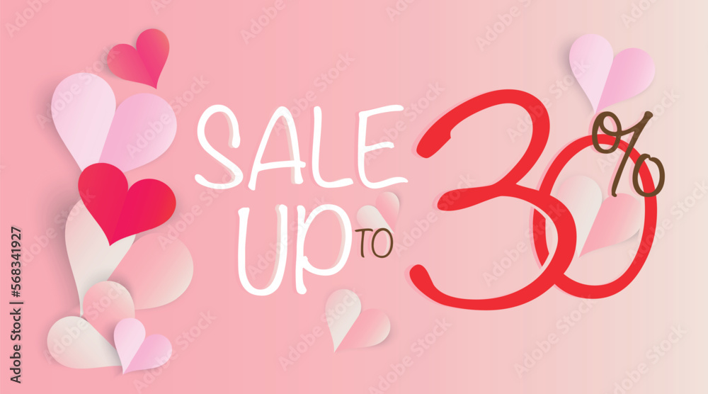 Valentine's day heart shape. Paper heart. Promotional banner. Sale up to 30% off. Vector banner.