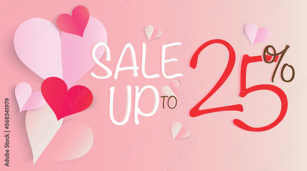 Valentine's day heart shape. Paper heart. Promotional banner. Sale up to 25% off. Vector banner