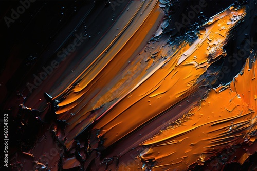 Brush texture closeup. Black orange realistic brush stroke. AI