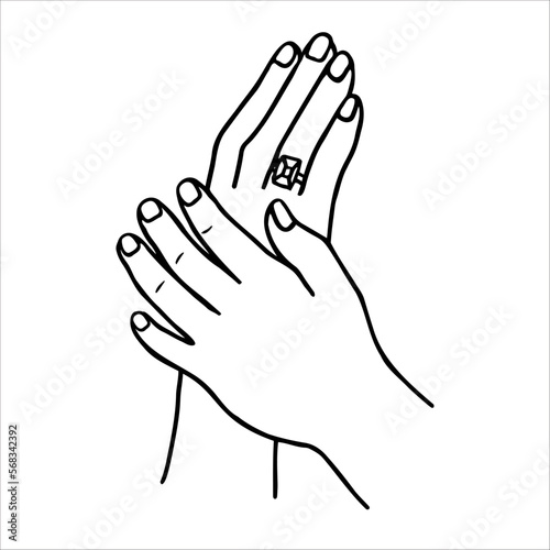 doodle drawing of female hands with a diamond ring on the ring finger. vector sketch of the hands of the bride after the engagement
