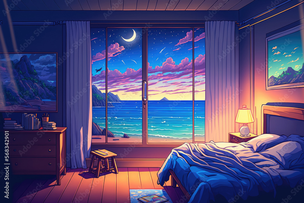 Anime background interior bedroom design including a beach theme in the  summer and stars in the winter at night, Illustration version 01.  Generative AI Stock Illustration | Adobe Stock