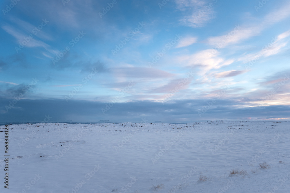 Iceland, Norðurþing, Winter panorama sunset