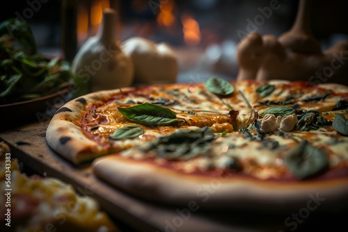Italian pizza garnished with fresh basil