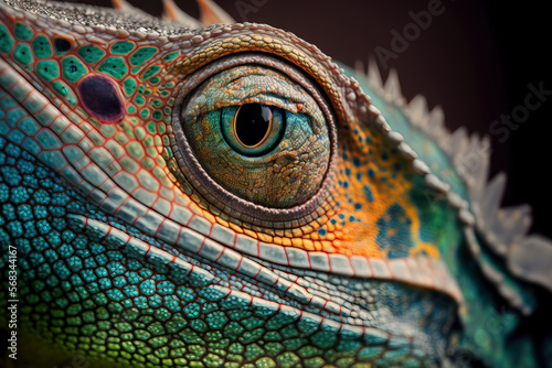 Photograph of a stunning exotic iguana, a chameleon's close up head, a lizard with multicolored skin, a wild animal, and rainforest fauna. Generative AI