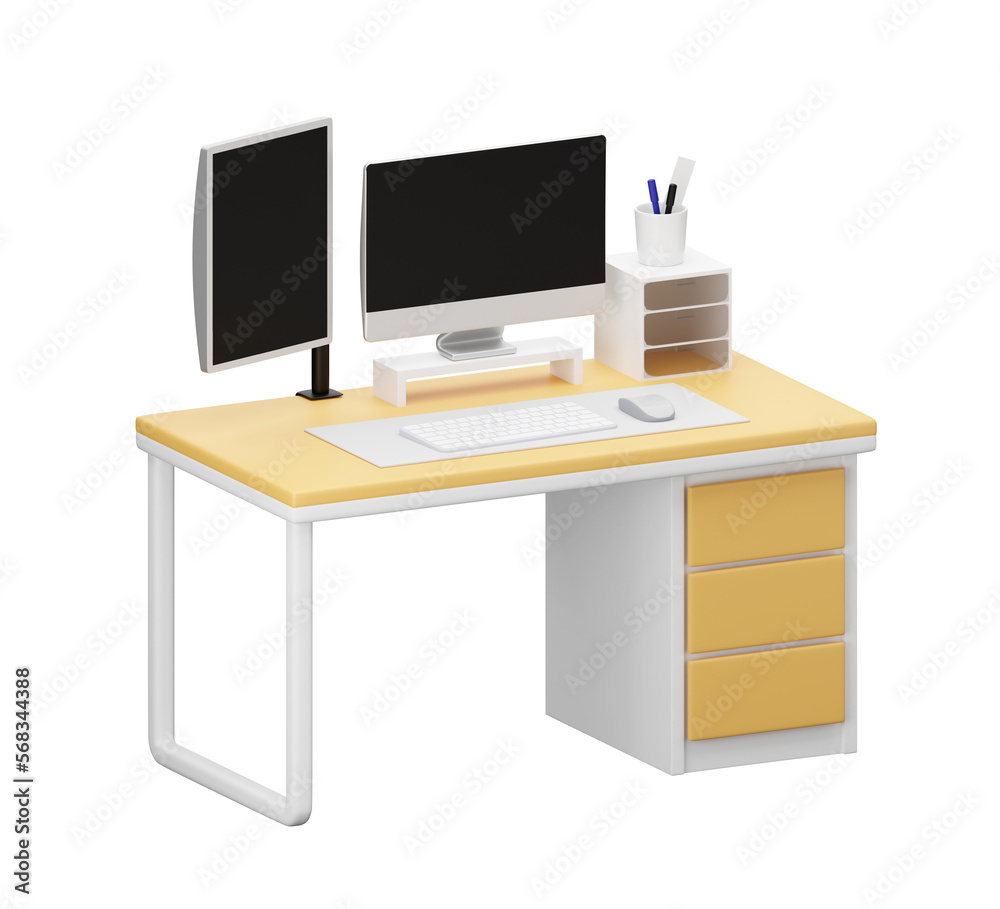wood desk with computer, moniter, computer. 3D rendering. wood desk with computer, moniter, computer. 3D rendering.