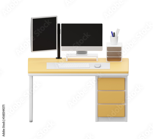 wood desk with computer, monitor, computer. 3D rendering.
