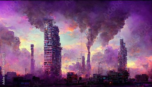 Wonderful 3D art  Dystopic cyberpunk city with smoke and purple sky. Generative Ai