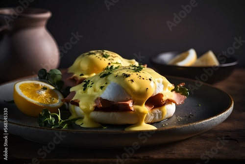 Eggs benedict on toasted english muffin photo