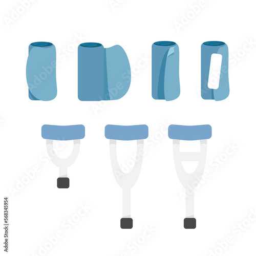 A set of different blue bandages and crutches of different sizes