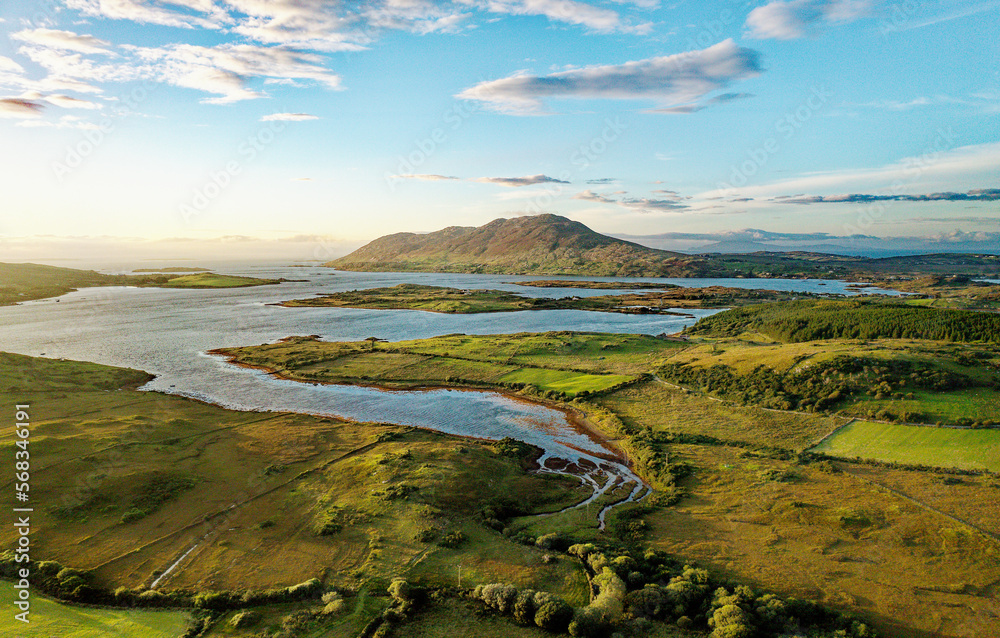 Connemara landscape, County Galway, Ireland. Northwest over Barnaderg Bay near Letterfrack to Tully Mountain. Summer evening Connemara landscape, County Galway, Ireland. Northwest over Barnaderg Bay near Letterfrack to Tully Mountain. Summer evening