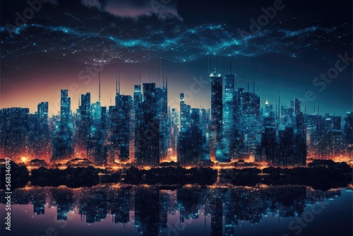 metaverse Smart city with a wireless network connection and cityscape big data connection technology generative ai background