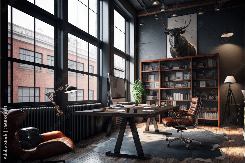 Luxury workspace office decorated with greenery and rustic look generative ai modern interior design.