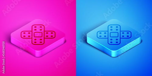 Isometric line Crossed bandage plaster icon isolated on pink and blue background. Medical plaster, adhesive bandage, flexible fabric bandage. Square button. Vector