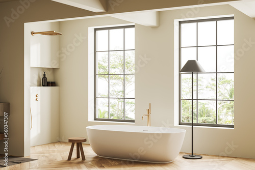Stylish bathroom interior with tub and douche, panoramic window