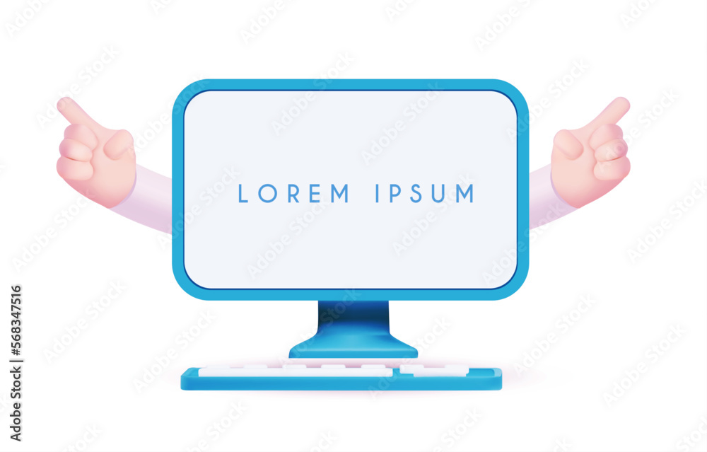 3D minimal computer with pointing something hands. Idea presentation. 3D minimal computer with pointing something hands. Idea presentation.
