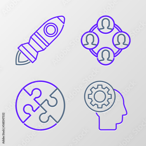 Set line Human head with gear inside, Piece of puzzle, Project team base and Rocket ship fire icon. Vector