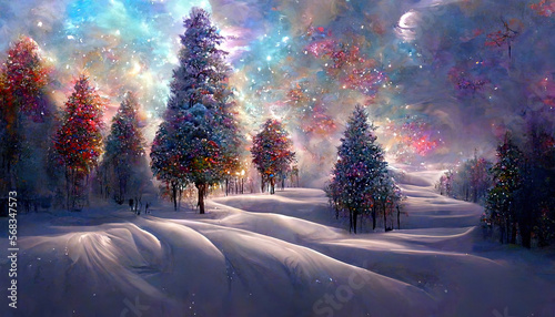 Magical trees with snow in winter forest at christmas night. Generative Ai © hassanmim2021