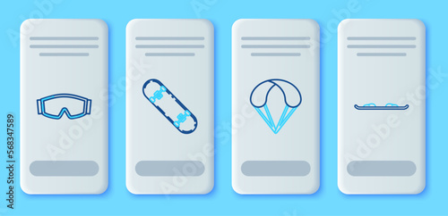 Set line Skateboard trick, Parachute, Ski goggles and Snowboard icon. Vector