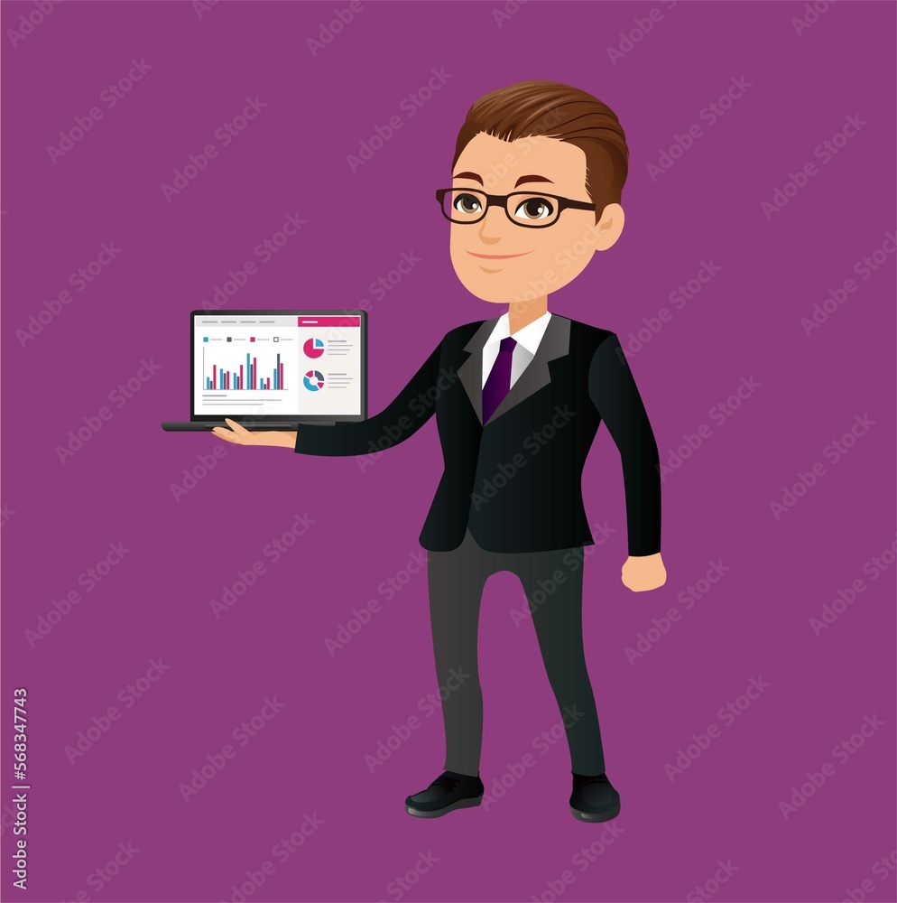 Businessman character holding laptop notebook Businessman character holding laptop notebook
