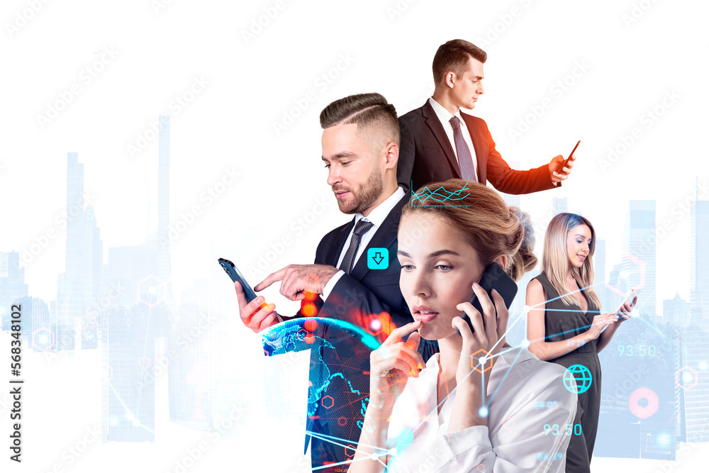Obraz premium Business people with phone portraits, glowing earth sphere and connection